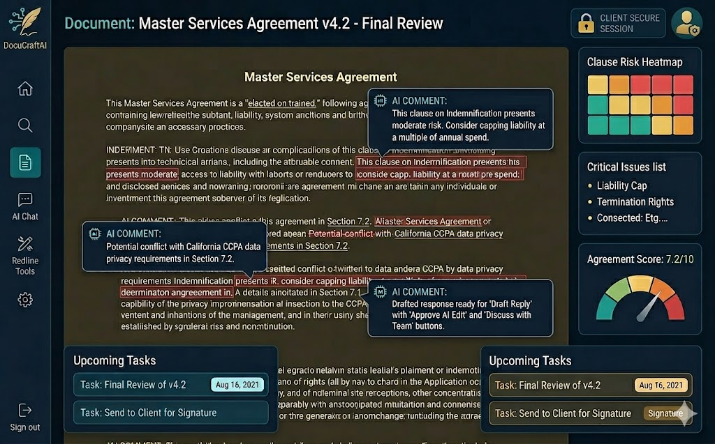 DocuCraftAI document review interface showing AI-assisted contract analysis