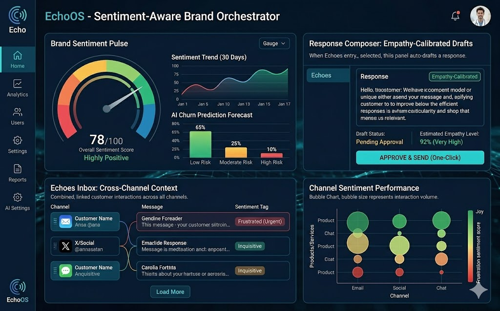 EchoOS sentiment analysis dashboard with cross-channel customer timeline